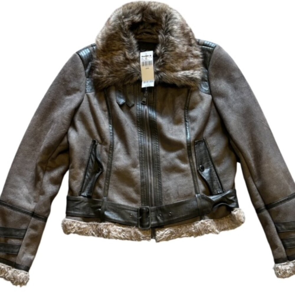 Buckle Brown Faux Fur Trimmed Jacket